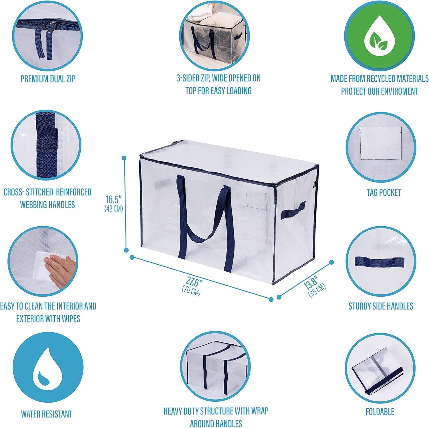 8 Pack Extra Large Moving Storage Bags with Zips, Heavy-Duty Organizer Tote, Moving Box Alternative, Packing Supply, Clothes Storage Bin