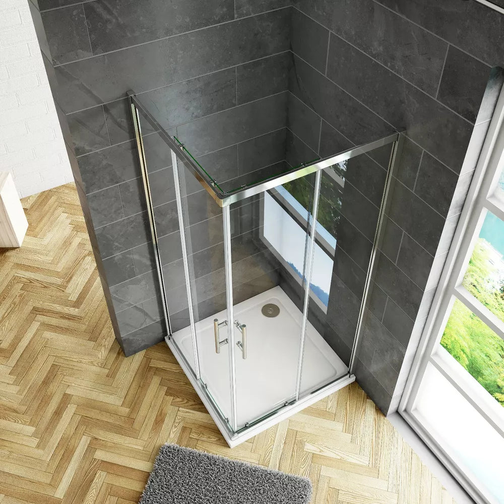 Corner Entry Shower Enclosure Walk in Cubicle Sliding Glass Door and Shower Tray